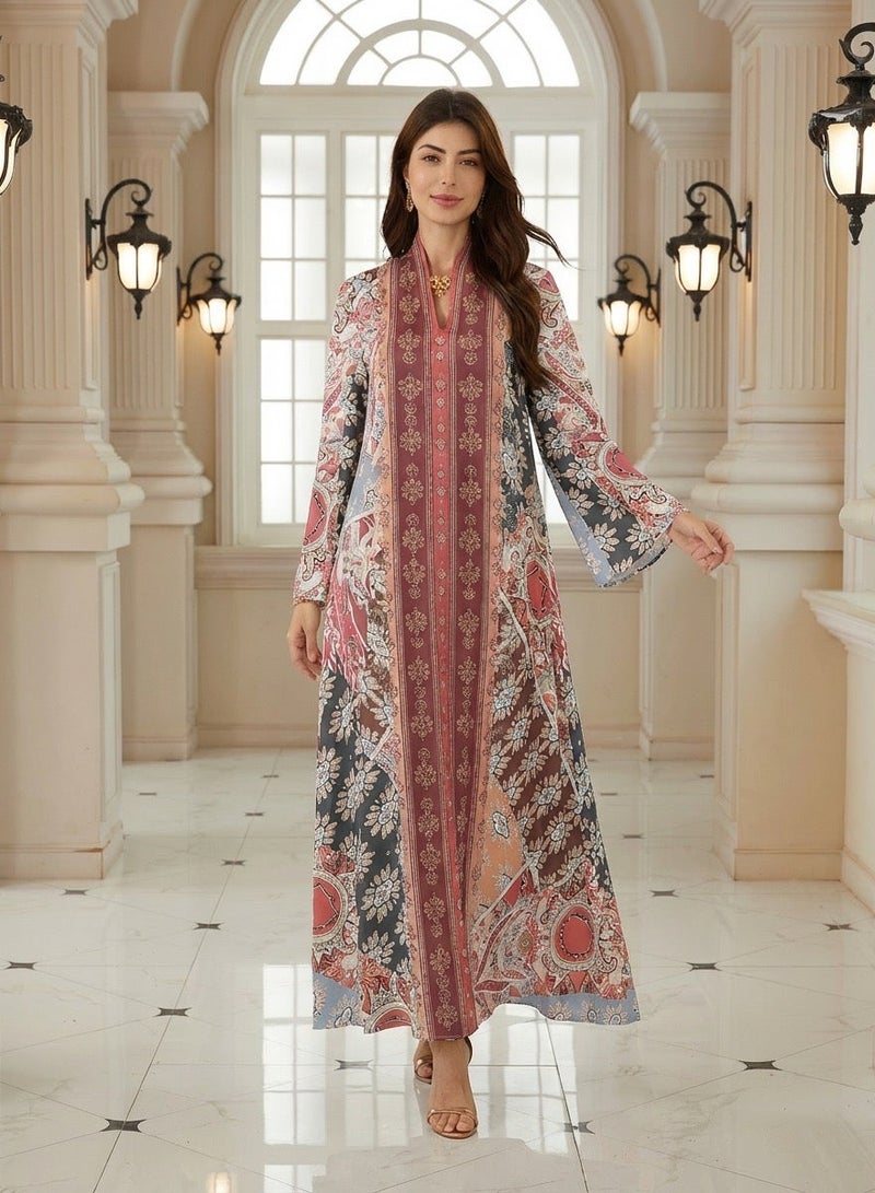MS MIN Paisley Ethnic Print Abaya, V-Neck Loose Fit Breathable Maxi Dress with Rhinestone Detail, Casual Jalabiya for Home & Outing - Image 5